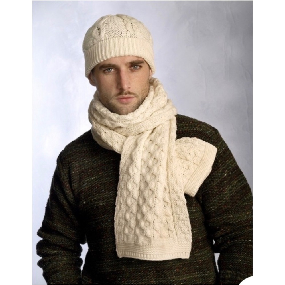 Aran Crafts Scarf Unisex OS Cream Excellent 100% Merino Wool Cable Knit Ireland